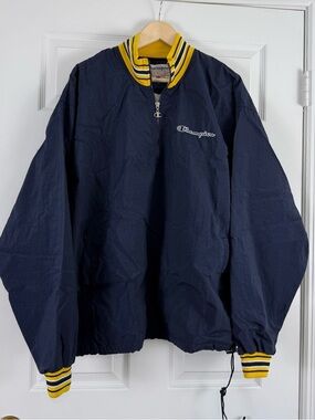Y2K Champion Men's Navy Half-Zip Windbreaker with Yellow Trim XL